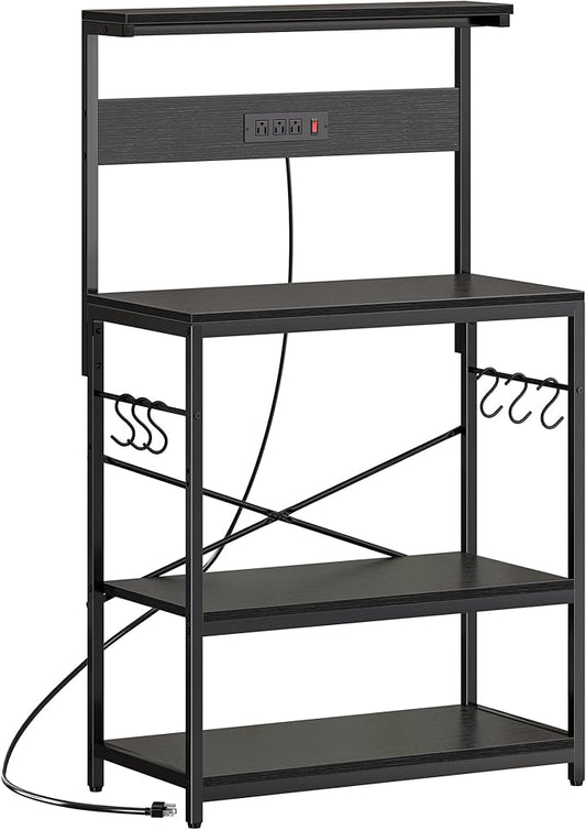 SUPERJARE Bakers Rack with Power Outlets, Microwave Stand, 31.5 X 16.5 Inch Larger Desktop, Kitchen Storage Rack with Adjustable Middle Shelf, 6 S-Shaped Hooks, Coffee Bar Stand, Black