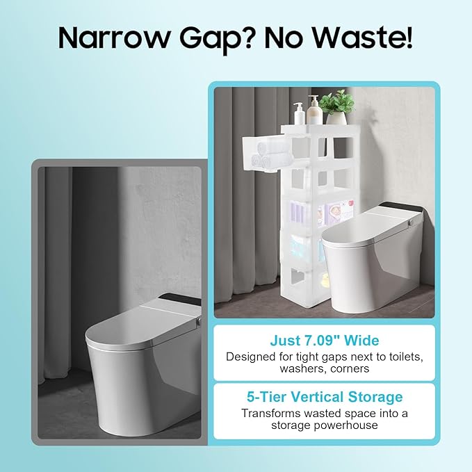 Narrow Plastic Drawers Cabinet, Multi-functional Plastic Tower Organizer with Wheels for Small Space Bathroom Bedroom Kitchen Offices Dormitory, 7 * 15 * 33in (White)