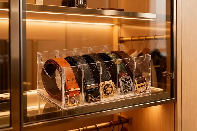 ECOSEAO DIY Belt Organizer, Clear Stackable Belt holder For Closet Drawer Storage - 5 Compartments, Multi-Purpose Display Bins With Inserts For Belts,Ties,Socks