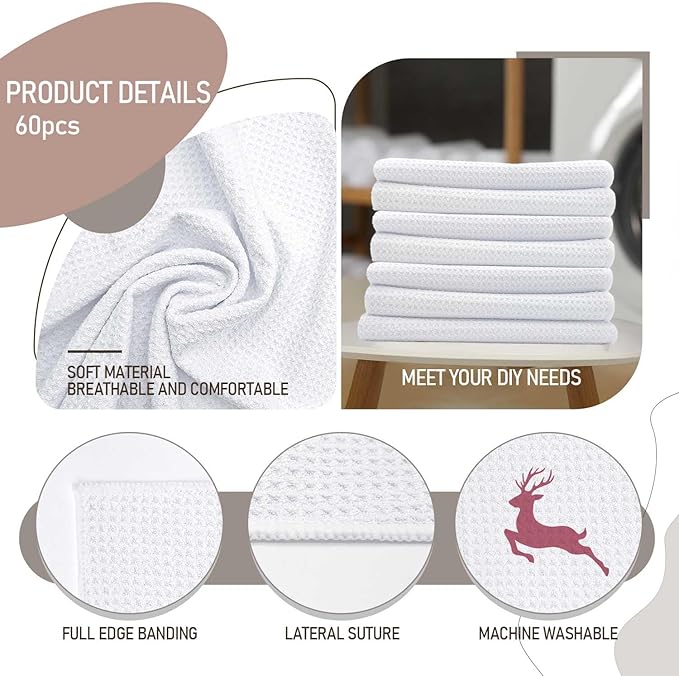 YOUKE OLA 60 Pack Sublimation White Towels Waffle Weave Kitchen Towels Blanks Microfiber Dish Drying Towel for Heat Transfer 16 x 24 Inch