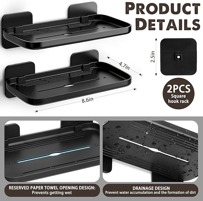 2 Pack Adhesive Floating Shelves No Drill Small Floating Shelf for Wall Storage Damage-Free Wall Mounted Organizer for Bathroom, Kitchen, Bedroom & Office (Black)