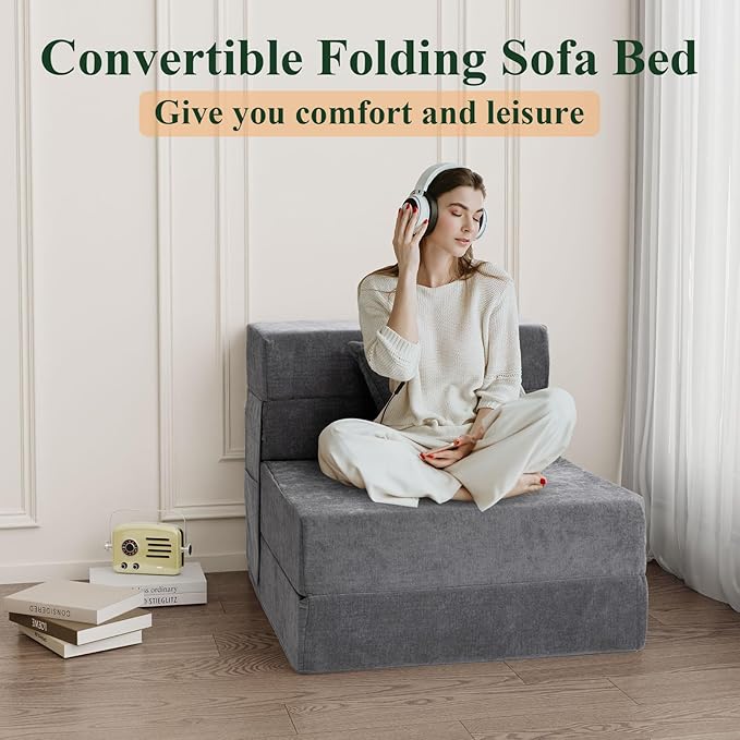 HOMFINE Folding Sofa Bed - Convertible Sleeper Chair with Pillow, Fold Out Couch, Memory Foam Floor Mattress, Futon Couch, Lazy Sofa for Living Room/Dorm/Guest Room/Home Office, Single, Grey