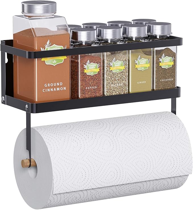 Magnetic Spice Rack, THIPOTEN 2-in-1 Foldable Strong Magnetic Shelf with Paper Towel Holder, Perfect Space Saver for Small Kitchen/Apartment, Easy to Install on The Side of Refrigerator(Black)