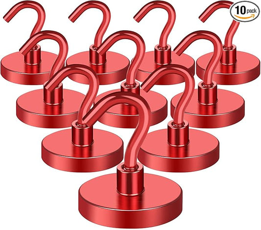 MIKEDE Strong Magnetic Hooks, 120Lbs Heavy Duty Magnetic Hooks for Cruise, Neodymium Earth Magnets with Hooks for Hanging, Super Metal Magnetic Hanger for Grill, Storage (Red,10 Pack)