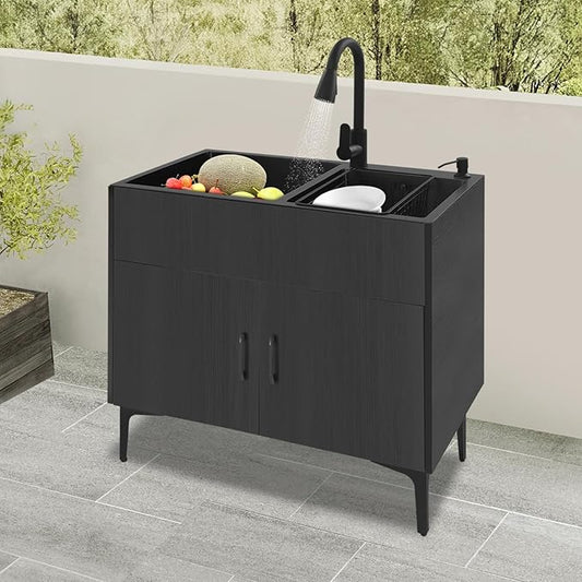 32-Inch Utility Sink Cabinet with Pull-Out Sprayer Faucet, Laundry Sink with Cabinets and Stainless Steel Double Sinks, Freestanding Cabinet with Sink for Laundry&Utility Room, Kitchen, Bathroom