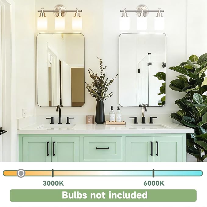 3-Light Bathroom Vanity Light Fixtures, Brushed Nickel Compact Wall Sconce with White Glass Shade for Mirror, Bathroom, Living Room, Modern Style, E26 Base, 15.75 Inch