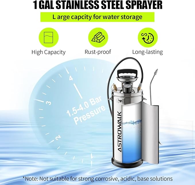 2 Gallon Pump Sprayer, Heavy Duty Stainless Steel Sprayer with 20" All-Steel Wand & 4FT Hose for Commercial, Farm, Solvent & Concrete, Includes Viton Seals and Gloves