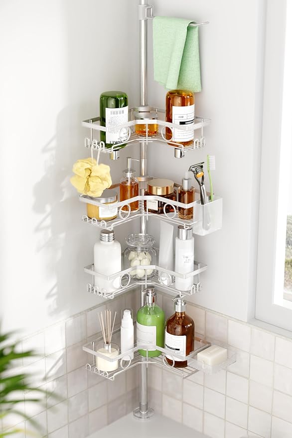 Corner Shower Caddy Tension Pole, 4 Tier Rustproof Shower Tension Rod Organizer with Soap Holder & Hooks, Adjustable 30-121 Inch Bathroom Shelf for Renters - Family Stand Storage Rack, Silver