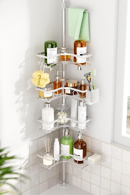 Corner Shower Caddy Tension Pole, 4 Tier Rustproof Shower Tension Rod Organizer with Soap Holder & Hooks, Adjustable 30-121 Inch Bathroom Shelf for Renters - Family Stand Storage Rack, Silver