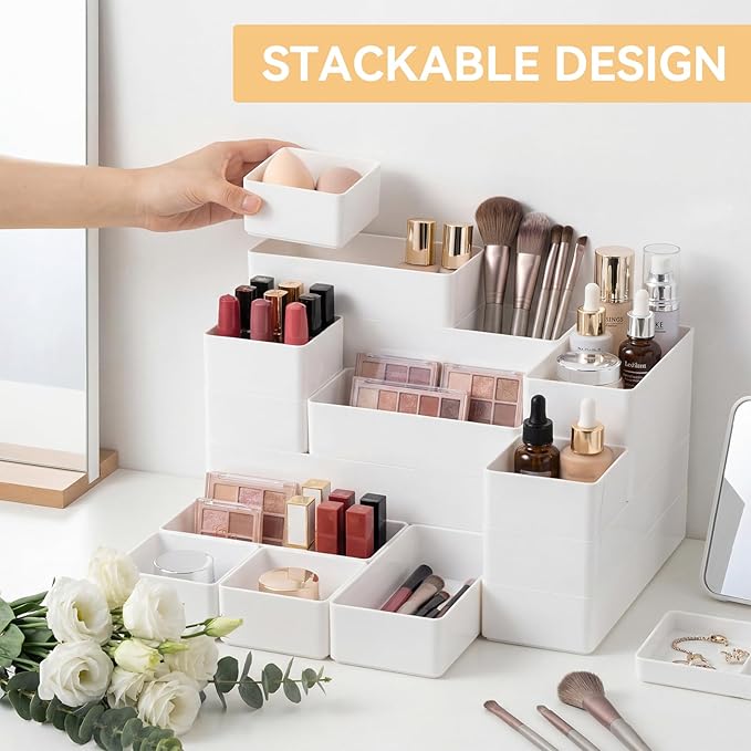 18 Pcs Drawer Organizer Stackable 4 Size Makeup Drawer Organizer Trays Acrylic Bathroom Vanity Storage Bins for Cosmetic, Jewelries, Office Supply, Kitchen Utensils (White,Glossy)