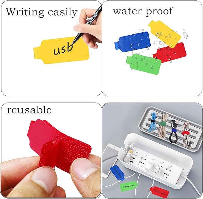 60 Pack Reusable Cable Labels & Cord Organizer Kit – Color-Coded Write-On Wire Labels with Marker + 30 Ties for Home Office Electronics Cord Management