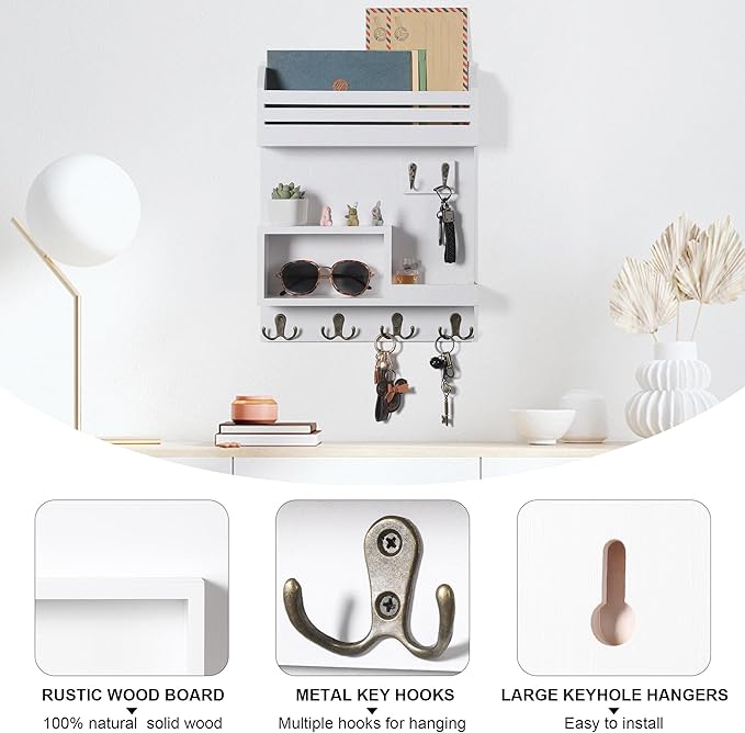 Key Holder for Wall, Wall Mounted Mail Organizer with 6 Metal Key Hooks, Key Racks for Home Entryway Decor, Luxury White
