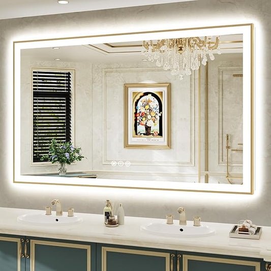 66x40 Inch LED Bathroom Mirror with Lights (Front Lit and Backlit) Gold Framed Lighted Vanity Mirror for Bathroom Wall Dimmable Anti-Fog Memory Tempered Glass Horizontal/Vertical