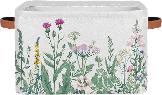 Pardick 2Pack Herbs and Wild Flowers Large Collapsible Storage Bins,Colorful Floral Decorative Canvas Fabric Storage Boxes Organizer,Rectangular Shelves Baskets Box for Home Office Nursery Closet
