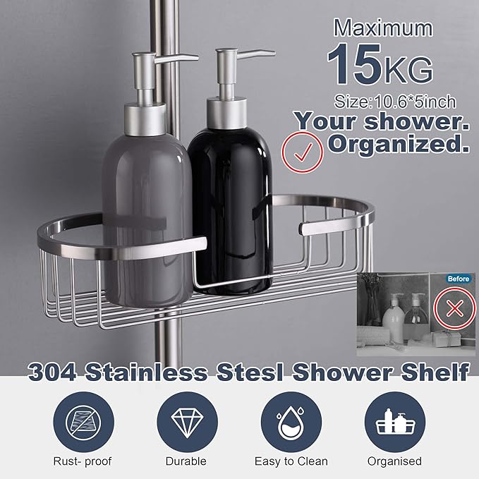 SonTiy Rain Shower Head with Handheld Spray and Shower Shelf, All Metal Shower System Kit with Hand Shower, Height Adjustable Holder and Brass Diverter for Whole Family, 2.5GPM,Brushed Nickel