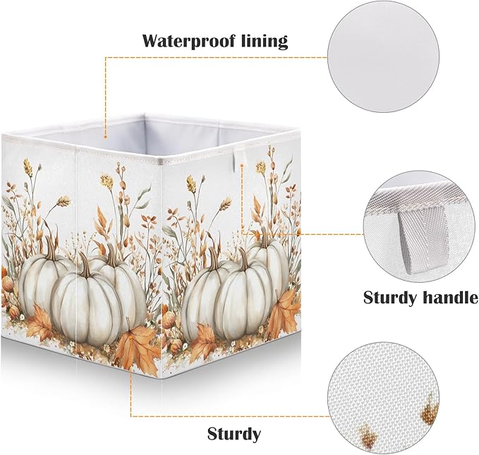 White Pumpkins and Fall Flowers Leaves Autumn Colors O Closet Organizers Storage Cubes Storage Bins Shelf Baskets Containers for Home Room Office,Rectangle