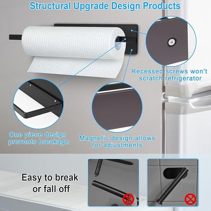 Paper Towel Holder Black, Magnetic Paper Towel Holder for Fridge, Toilet Paper Roll Holder Magnet Towel Rack Wall Mount Fridge Organizer for Paper Towels Rolls Bathroom Pantry RV Kitchen