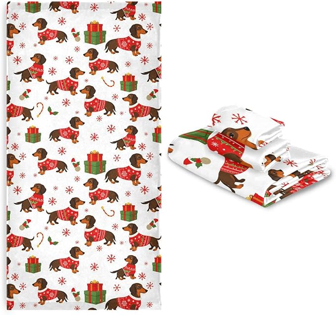 Christmas Winter Towels Set of 3 Dachshund Dog Christmas Snowflakes Bathroom Towel Soft Absorbent Bath Hand Towels Washcloth Guest Towel Sets Xmas Holiday Decor
