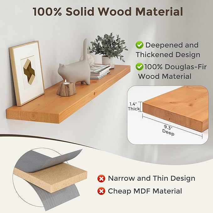 48 Inch Floating Shelves for Wall, 9.3" Deep USA-Sourced Solid Wood Wall Shelves with Heavy Duty Invisible Bracket, Nursery Storage Display Shelf for Living Room, Kitchem, Bedroom, Set of 1, Natural
