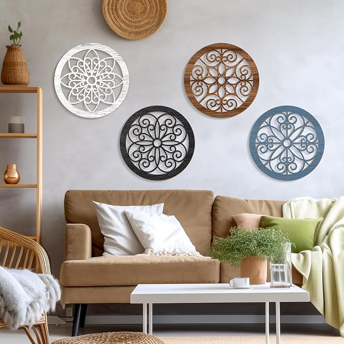 Zzbakress 4 Pieces Farmhouse Wall Decor Rustic Circle Wall Decor Wooden Hollow Carved Round Wall Art for Living Room Bedroom Kitchen Bathroom Home Wall Decoration (Elegant, Colorful)