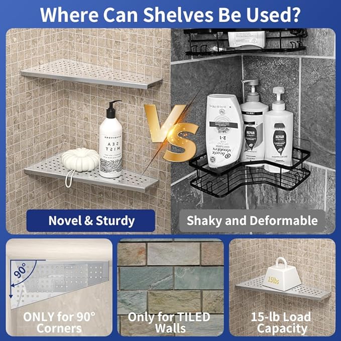 Corner Shower Shelf 12" Polished 304 Stainless Steel Recessed Trapezoid Grout in Shelves with Grid Design Bathroom Shelf Racks for Tiled Wall, 2 Pack