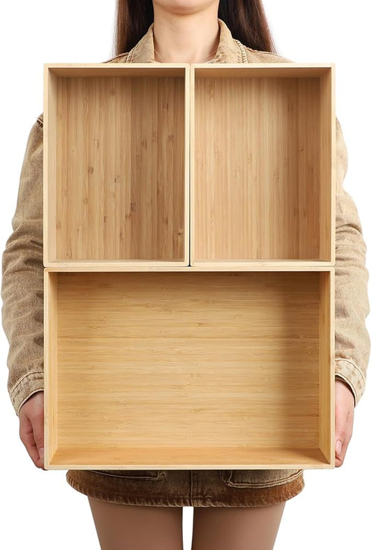 3-Piece Large Bamboo Storage Box Set - 7.1in High Stackable Deep-Drawer Organizer, Lidless Bamboo Bin for Kitchen Cutlery Utensils Knives (14.6"x10.2"x7.1"*1 + 10.2"x7.3"x3"*2)