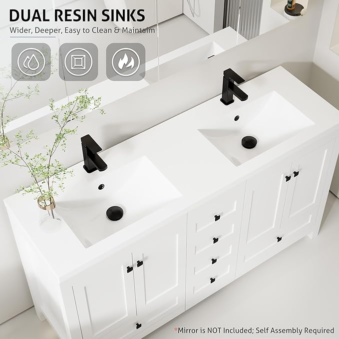 eclife 60" Bathroom Vanities with Sink Combo, Modern Thickened Wood Bathroom Storage Cabinet w/Undermount Double Sink, Matte Black Faucet Drain, Painted Surface, White