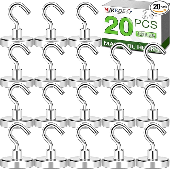 MIKEDE 20 Pack Magnetic Hooks, 120lbs Strong Magnets Hooks Heavy Duty, Extra Cruise Hook for Hanging, Industrial Metal Refrigerator Cabins, Fridge, Kitchen, Grill
