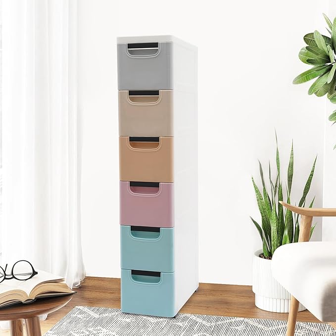 6 Drawers Storage Cart Rolling Storage Drawer Cart Narrow Plastic Dresser Rolling Organizer Cart Storage Unit on Wheels Bathroom Art Craft Supplies Mobile Slim Utility (Pale color)