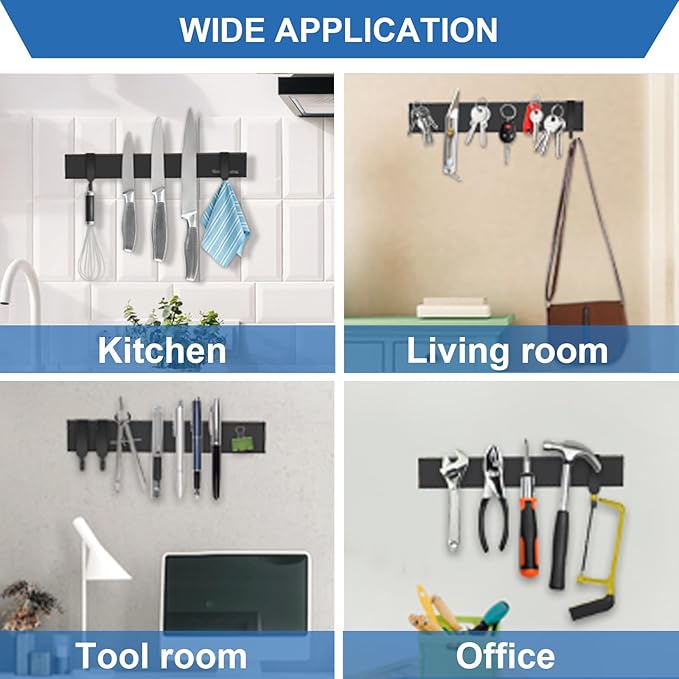 16 Inch Black Magnetic Knife Holder for Wall, No Drilling Adhesive Knife Strip with Powerful Magnet and Expanded Screws, Wall Mount Knife Rack for Knives, Includes Adhesive Tape (Black)