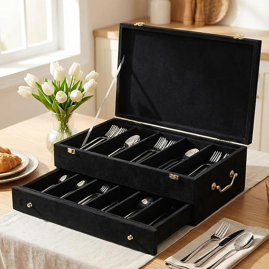 Pickmesh Silverware Case with Lid and Handle, Silverware Storage Box Sterling Silver Flatware Chest Without Silver Tarnish Proof Utensils Organizer for Kitchen Decor Wedding Gifts (Black,2 Layer)