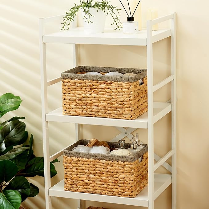 Wicker Storage Basket 2 Pack, Water Hyacinth Storage Baskets with Built-in Handles, Large Wicker Baskets for Storage & Organizing, Natural with Grey