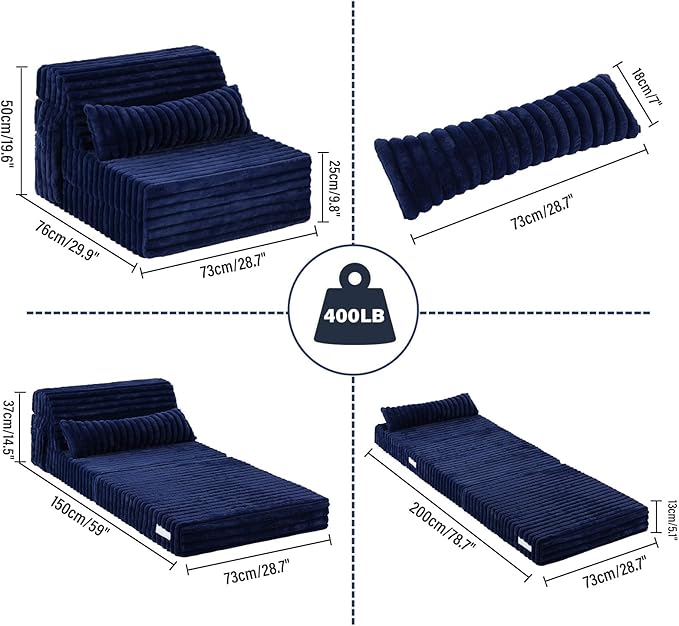 Tiita Folding Sofa Bed Single Size, Convertible Sleeper Chair Mattress with Pillow, Thick Corduroy Floor Mattress Couch Bed with Side Pocket, Guest Room, Dorm, Apartment, Navy