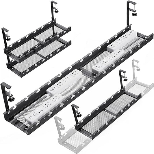 31Inch Extendable Under Desk Cable Management Tray Multi-Model Metal Cable Management Tray Under Desk Cord Management with Clamp Power Strip Cord Holder for Wire Cable Management, Black
