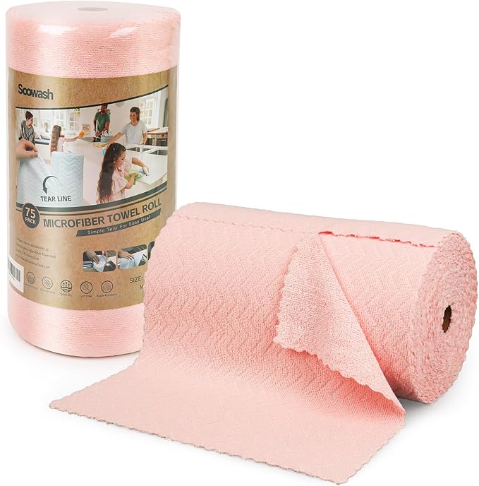 Microfiber Cleaning Cloth Roll 75 Pack Green+SOOWASH Microfiber Cleaning Cloth Roll 75 Pack Pink