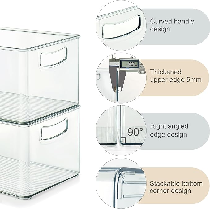 2 Pack Clear Freezer Organizer Bins Stackable Storage Bins with Side Handles for Kitchen Pantry Cabinet Organzation and Storage