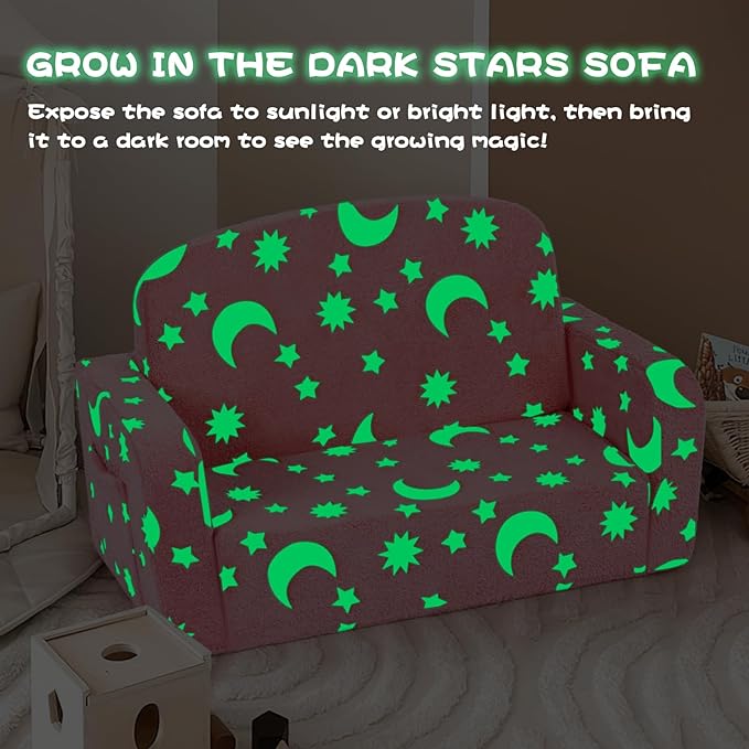 Extra Wide Kids Couch, Kids Sofa, Toddler Sofa, Glow in The Dark, 2-in-1 Soft Toddler Couch with Blanket and Pillow, Moon Style, Pink