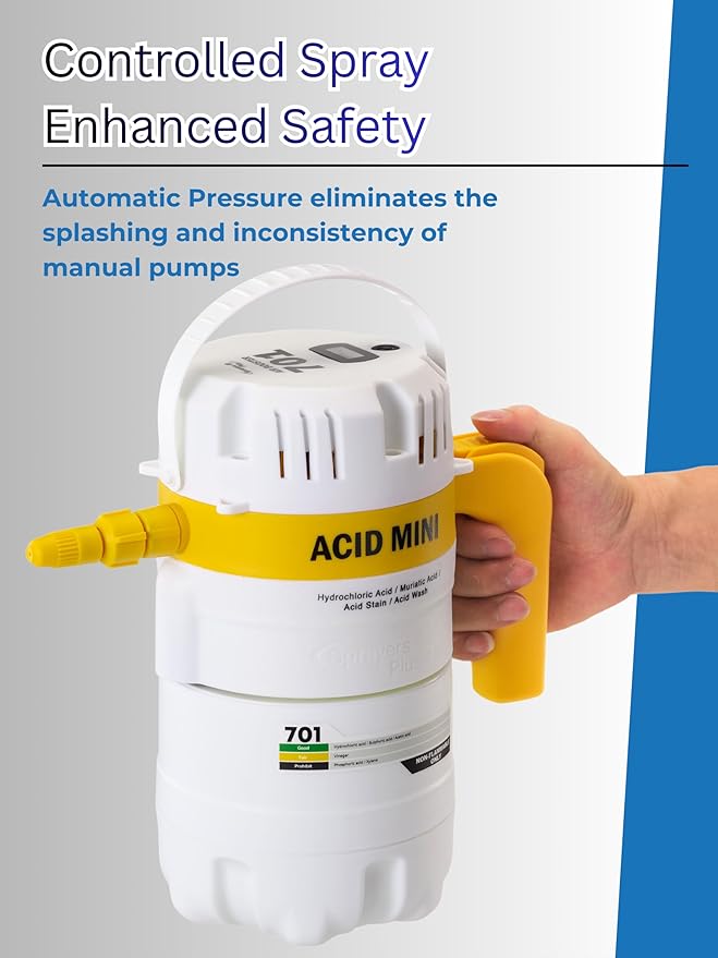 Sprayers Plus 701 Acid Mini Effortless Sprayer, Portable Lightwight 1.2L Battery Powered Chemical Resistant Sprayer,Nitrile Seals, Rechargeable via USB-C, for Acid Pool Washing