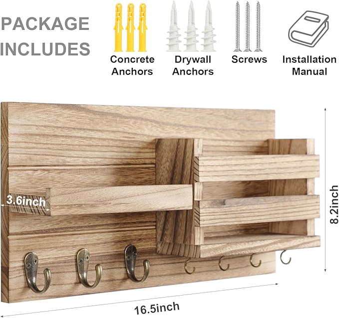 Mail Organizer for Wall Mount – Key Holder with Shelf Includes Letter Holder and Hooks for Coats, Dog Leashes – Rustic Wood with Flush Mounting Hardware (16.5” x 8.7” x 3.5”) (Wood)