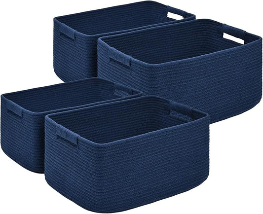 4 Pack Large Storage Basket for Organizing, 17.5"x13"x7" Woven Basket for Shelves, Closet Cube Storage Bins with Wrapped Handle, Cotton Rope Baskets for Kitchen, Clothes, Toys(Navy Blue)