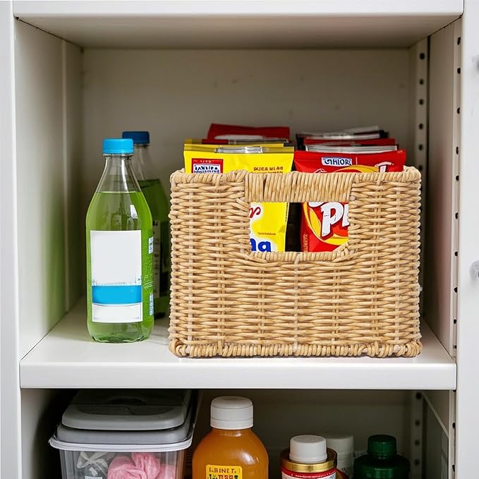 YRMT Rattan Storage Basket Pantry Baskets with Built-in Handles Wicker Baskets for Organizing Waterproof Woven Nature 12" x 8" x6"