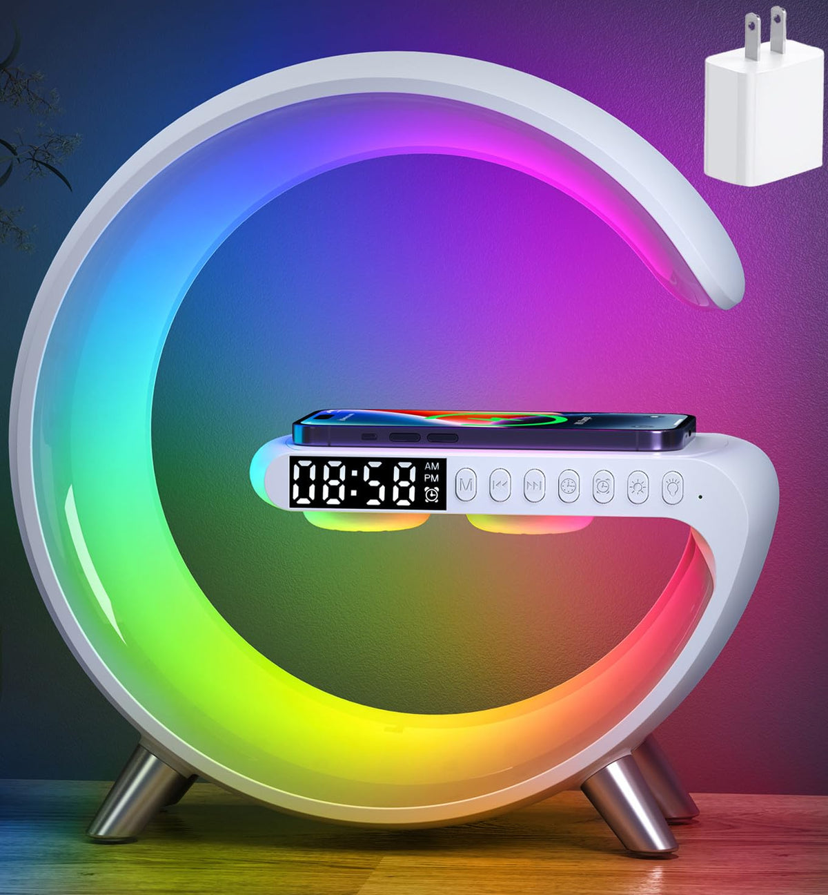 Smart LED Table Lamp, 4-in-1 Wireless Charger, Night Light, Alarm Clock, Bluetooth Speaker with App Control, Bedside Lamp with Charging Station for Bedroom, Office, Home Decor, Tee