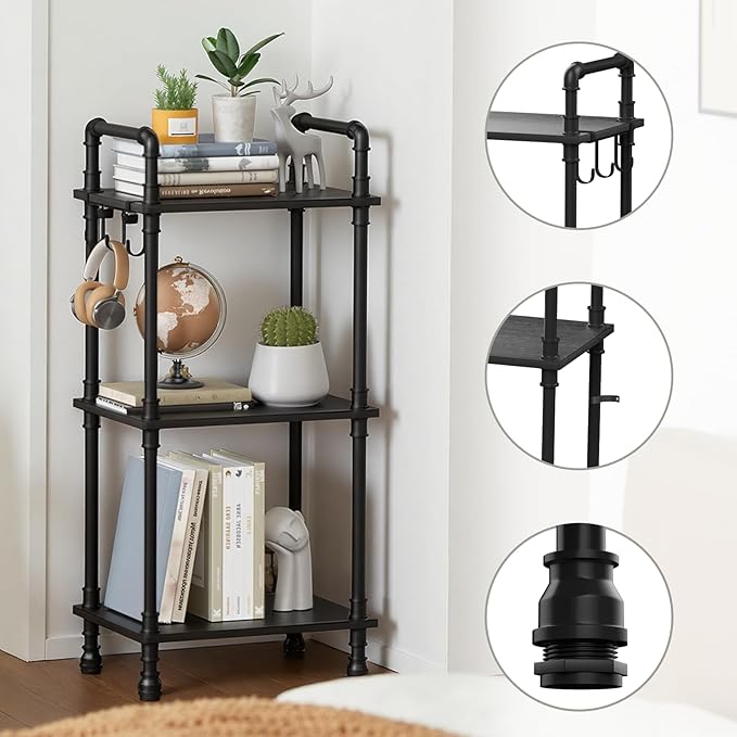 Aduanbang 4-Tier Industrial Pipe Ladder Shelf, Vintage Style Bookshelf, Freestanding Storage Rack Organizer for Living Room, Bedroom, Kitchen (Black(3-Tier))