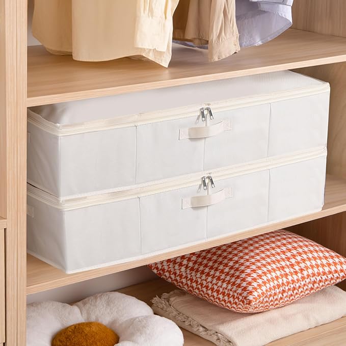 Under Bed Storage Container, Clothes Organizer with Handles, Foldable Storage Bin With Lid, Beige, 1 Pack, 23.6 x 11.8 x 5.9 Inch