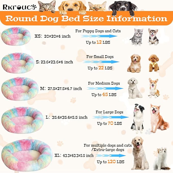 Fluffy Dog Bed Calming Donut Beds for Large Dogs Warming Round Small Medium Pet Nest Cozy Cat Mattress Indoor Washable Puppy Kennel Kittens Sleep Mat (S, 23.6×23.6 inch, Rainbow)