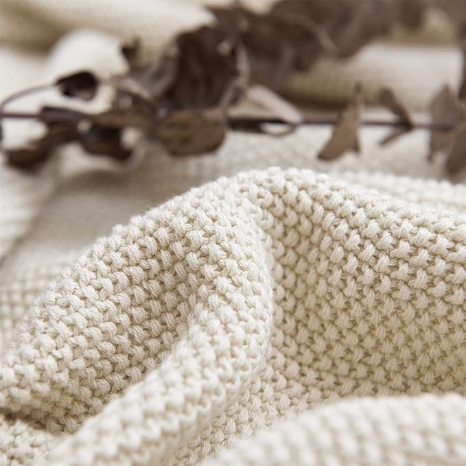 Longhui bedding Cotton Cable Knit Throw Blanket for Couch Sofa Bed, Home Decorative, Lightweight Woven Blankets with Bonus Laundering Bag, 50“ x 60”, Beige