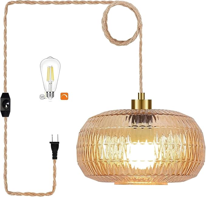 Plug in Pendant Light Hanging Lights with in Cord Mid Century Modern Gold Hanging Lamp Flower Glass Amber Vintage Dimmable Chandelier Ceiling Fixture for Living Room,Kitchen,Boho