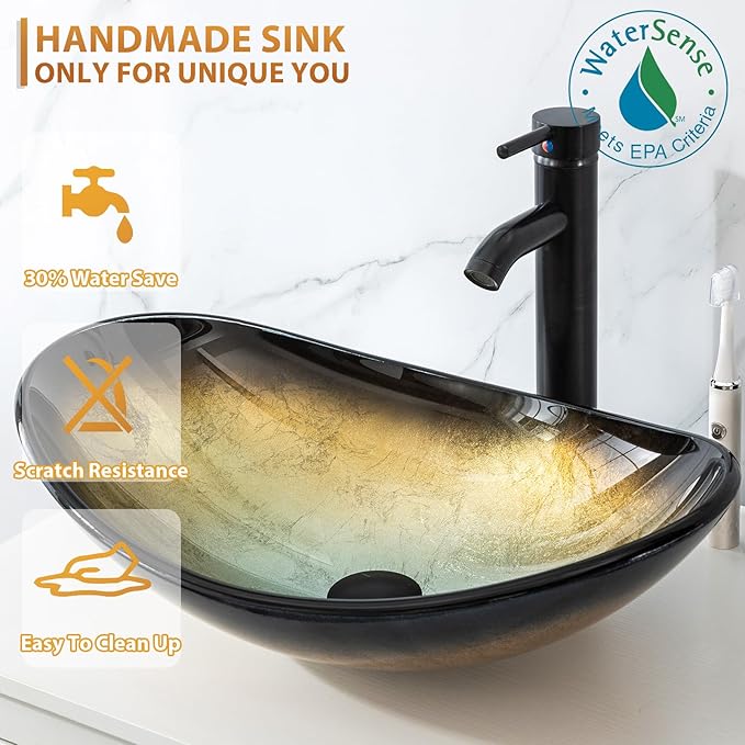 eclife 48" Modern Bathroom Vanity Sink Combo Freestanding Cabinet with Small Side Cabinet, Champagne Boat Glass Vessel Sink, Water Save Faucet, Drain (Gray+A29CH)