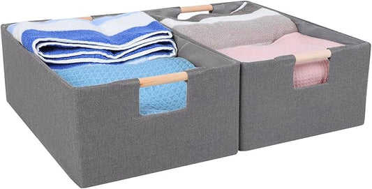 ANMINY 2PCS Storage Baskets for Organizing Collapsible Fabric Storage Bins Boxes with Wood Handles Closet Shelves Cube Organizer Bins Clothes Laundry Storage Container - Small, Gray