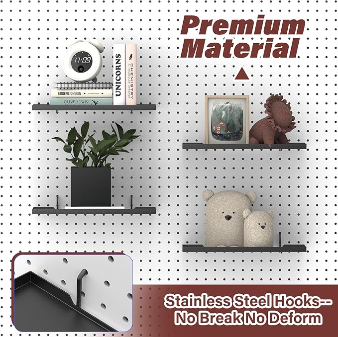 13X6 Inch Pegboard Shelves Set of 4, Metal Peg Board Shelves Accessories, Flat Display Shelves for Pegboard, Metal Retail Display for Storage and Organization, Black